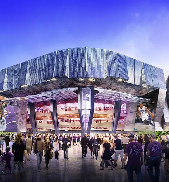 Golden 1 Center at night with Kings branding