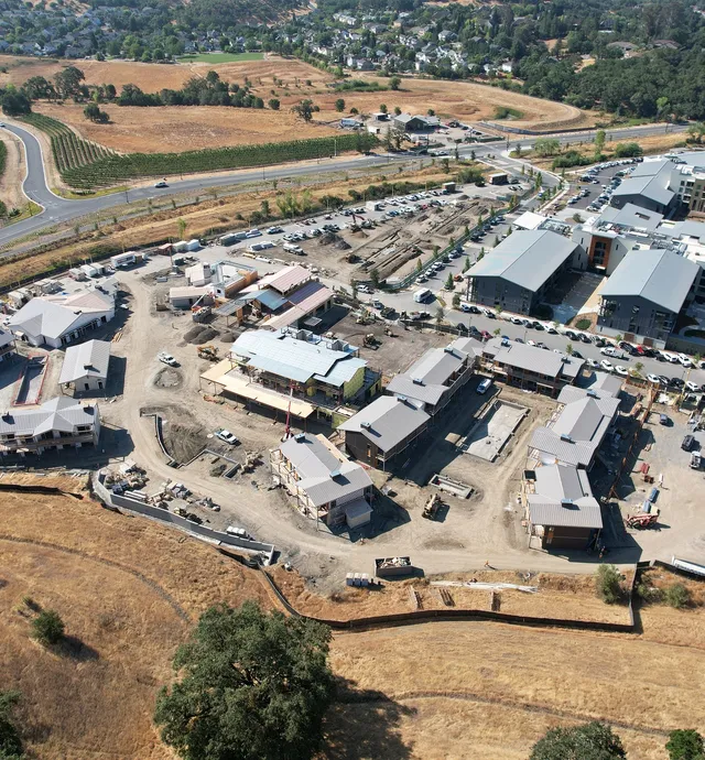 Aerial view of the Healdsburg Vineyard Hotel construction in progress showing 65%+ completion 1