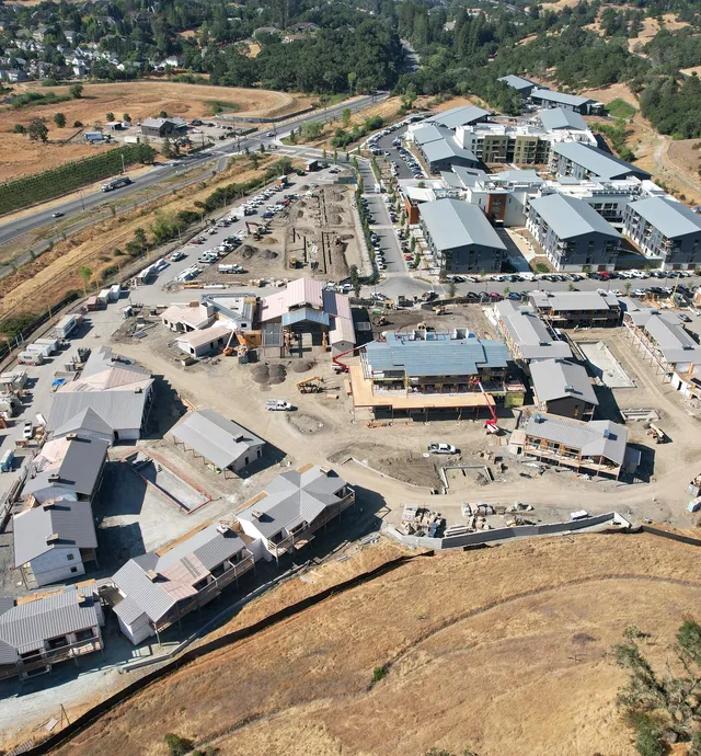 Aerial view of the Healdsburg Vineyard Hotel construction in progress showing 65%+ completion 2