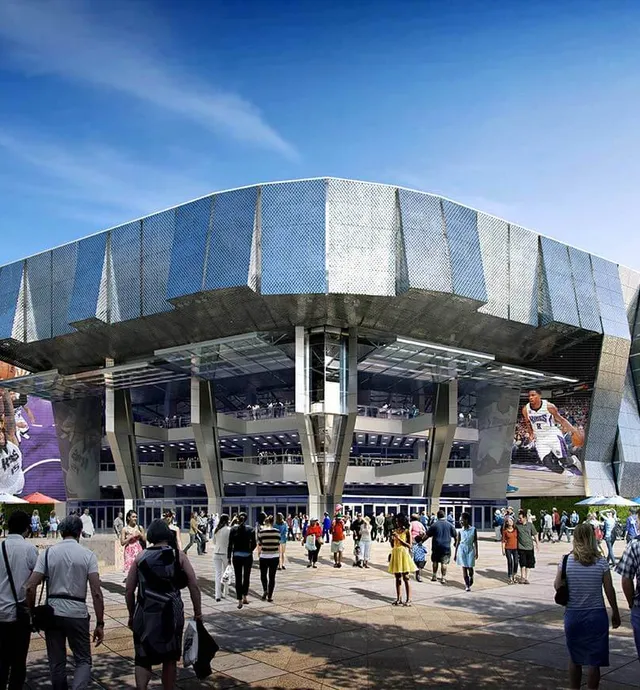 Golden 1 Center daytime exterior with Kings branding
