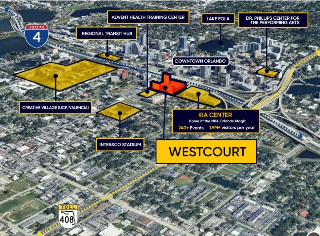 Map of Downtown Orlando showing proximity to Kia Center, Inter&Co Stadium, and other venues